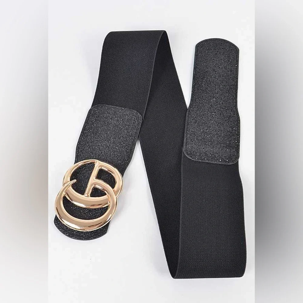 Black Oversized Metal Buckle Accented Elastic Statement Belt